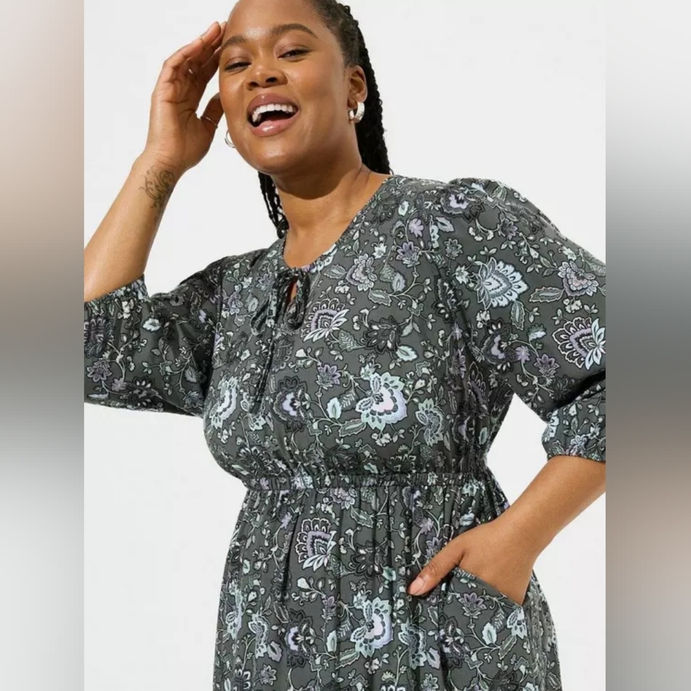 Torrid Tea Length Challis Front Tiered A-line Dress - Picture 2 of 5